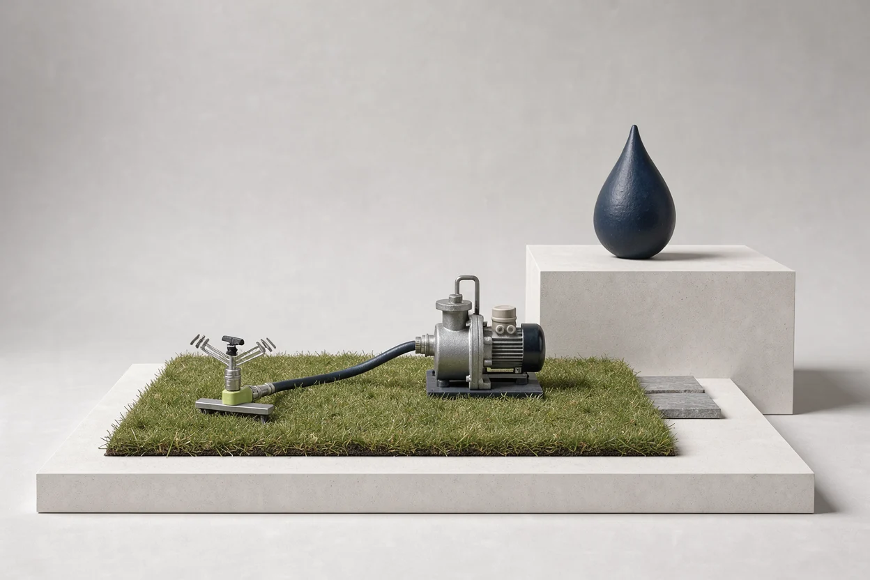 Miniatuurtuin met pomp, tuinslang en sproeier