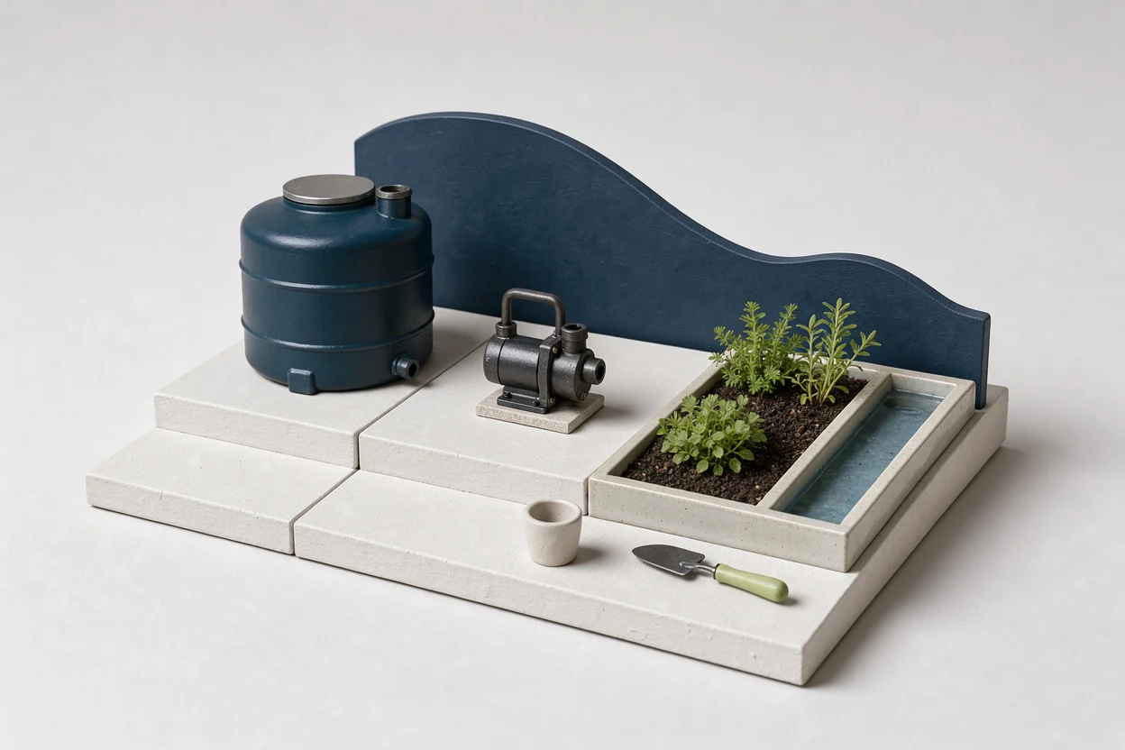 Regenwatertank, tuinbed en losse pomp op witte plateaus