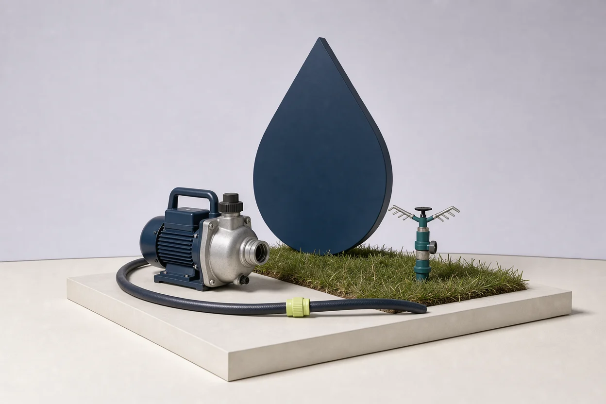 Miniatuurtuin met waterpomp, tuinslang en donkerblauwe waterdruppel