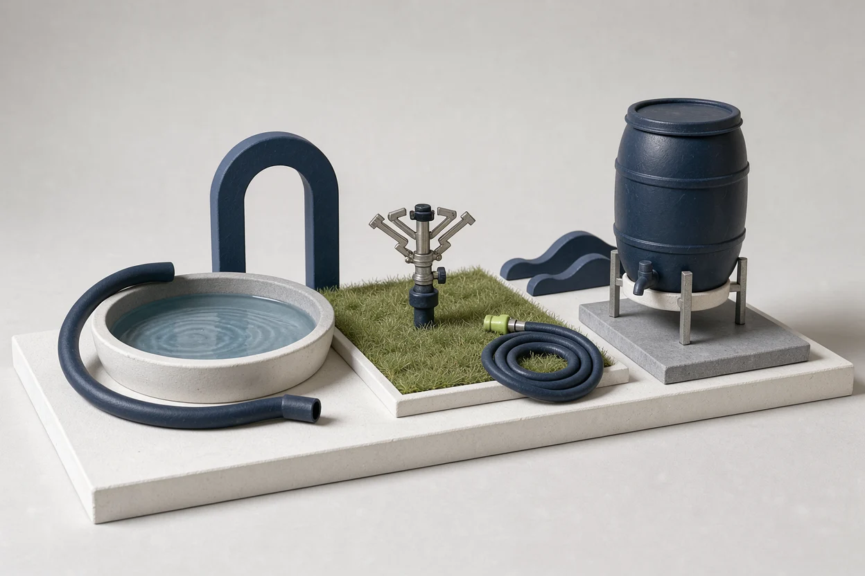 Miniatuuropstelling met waterbekken, sproeier, slang en regenton voor verschillende watertoepassingen
